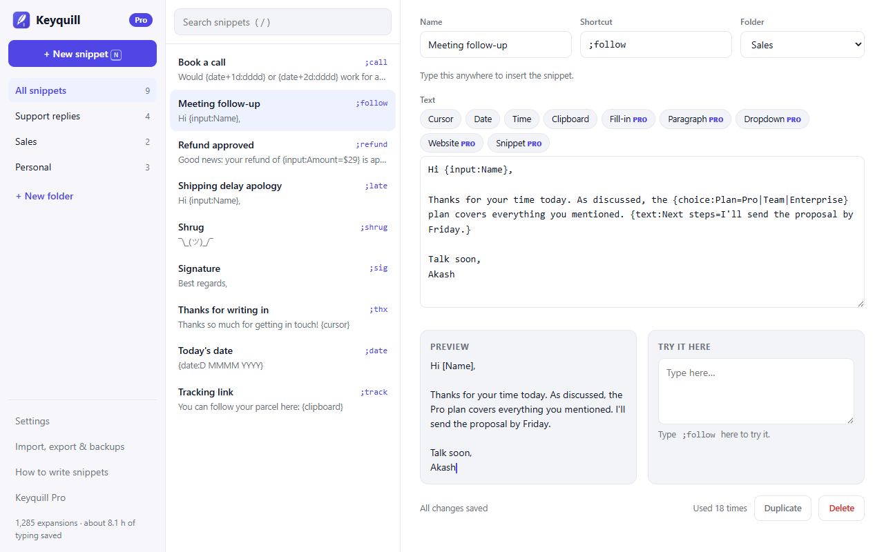 The Keyquill dashboard with folders, a snippet list, the editor, a preview and a try-it box