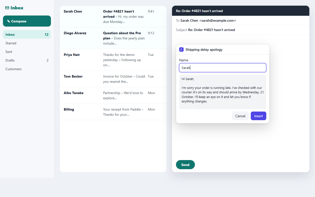 A Keyquill fill-in form asking for a name and a plan, with a live preview of the message