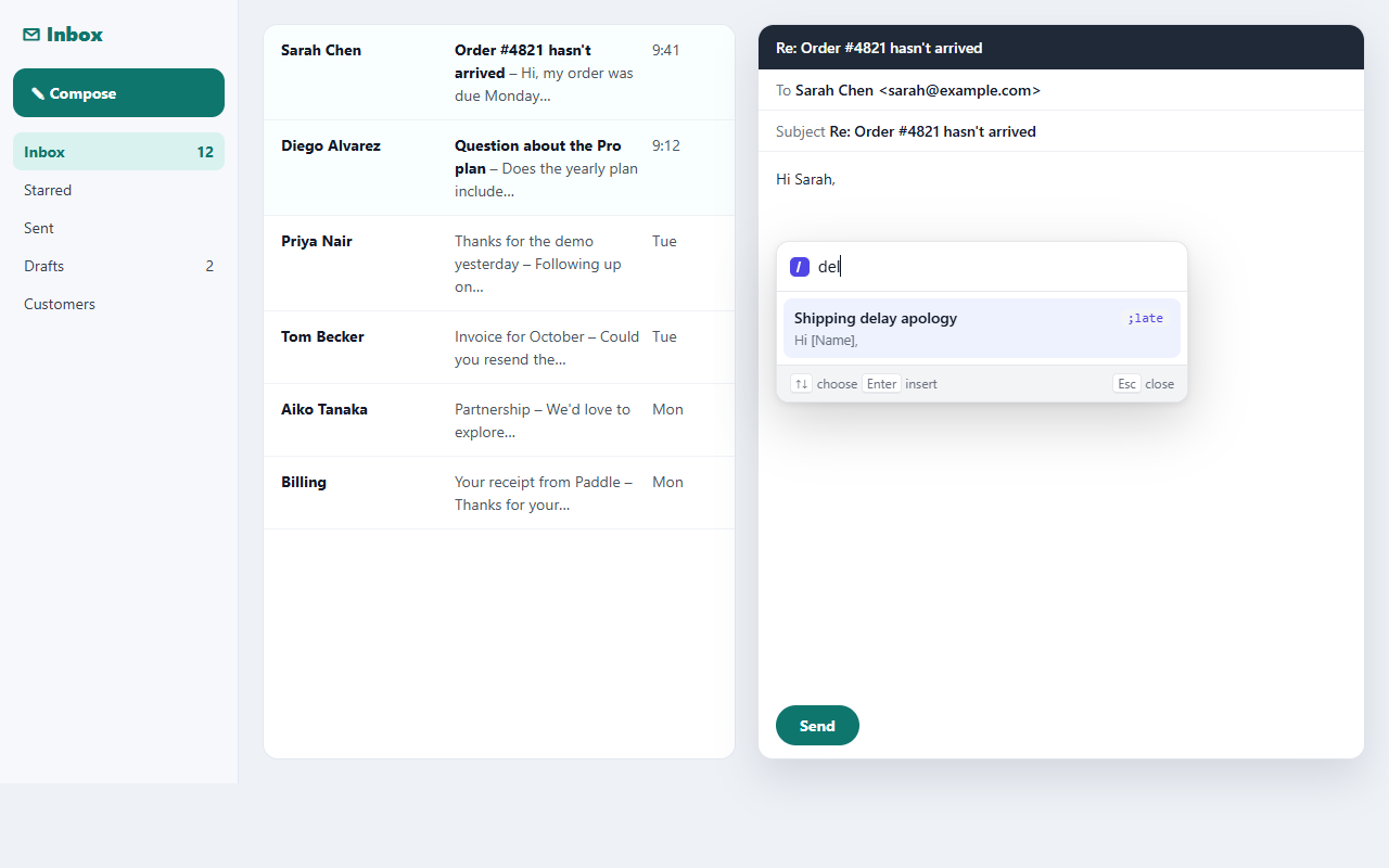 The Keyquill search palette open in a text box, listing snippets with previews
